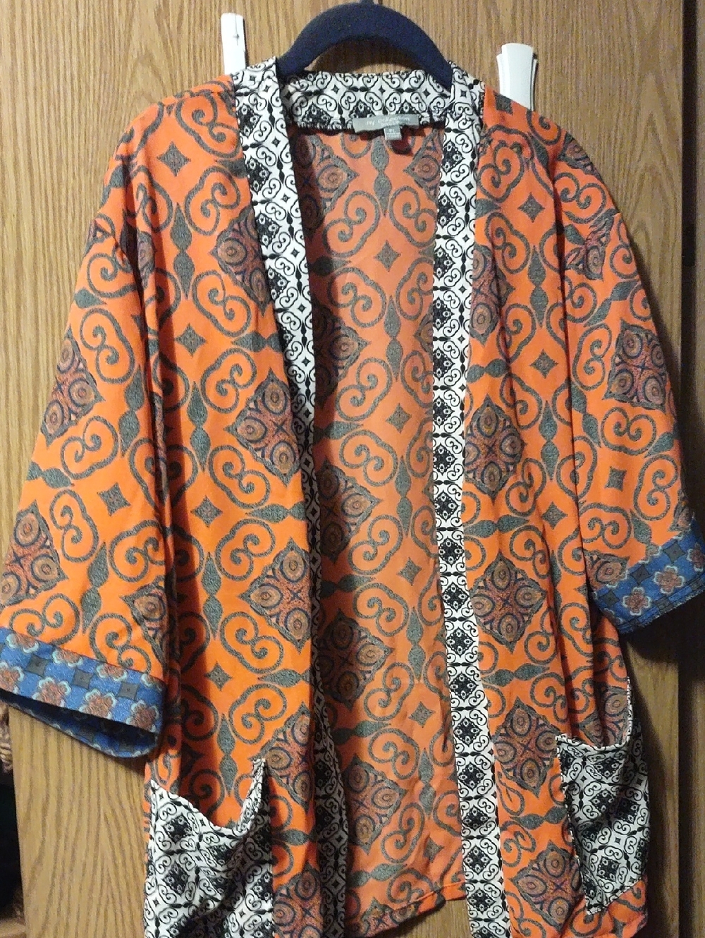 NY Collection Orange and Black Patterned Kimono Jacket